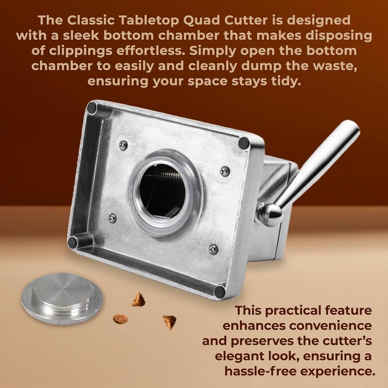 Cigar Essentials Oasis Classic Desktop Quad Cutter - Straight or V-Cut for 52-60 Ring Gauge - Table Top Cutter - Your Cut Buddy Tool - Aluminum, Stainless Steel - 6"L x 4.25"W - Silver - Image 4